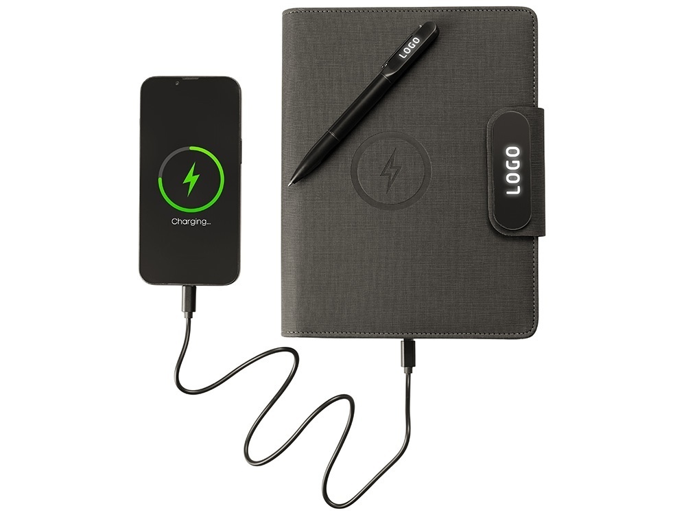 Подарочный набор Twilight: органайзер А5 с беспроводной зарядкой и металлическая шариковая ручка со светящимся логотипом